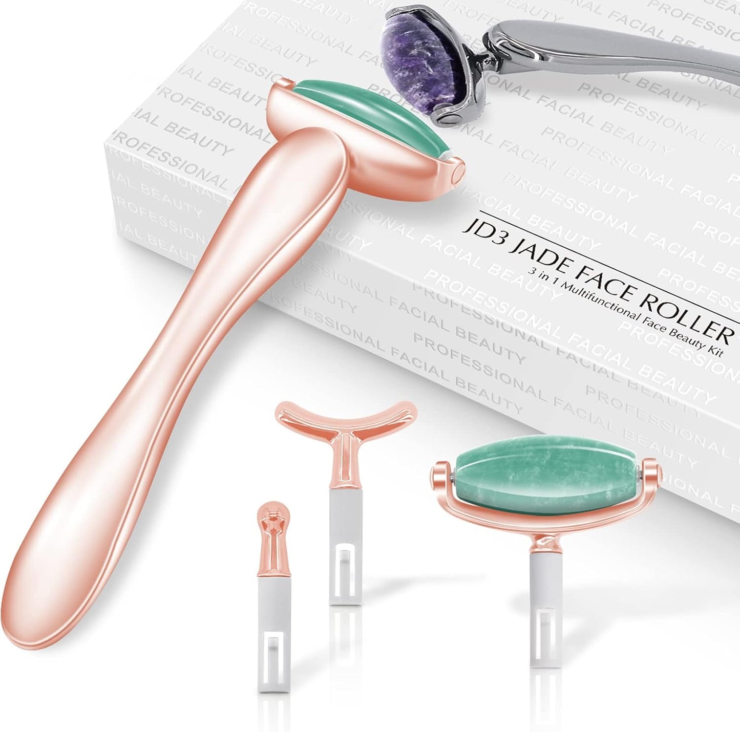 Jade Face Roller with 3 Interchangeable Heads, Facial Tools Face Rollers for Women, Face Massage Skin Care Beauty Tools (Green+Rose)