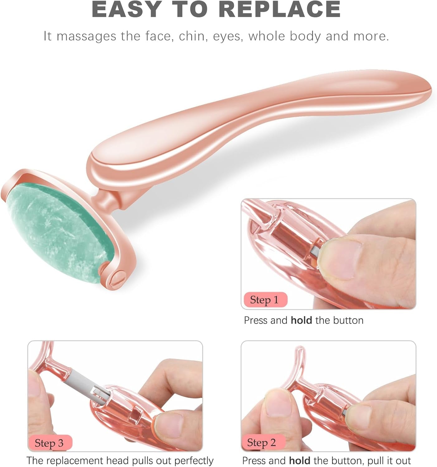 Jade Face Roller with 3 Interchangeable Heads, Facial Tools Face Rollers for Women, Face Massage Skin Care Beauty Tools (Green+Rose)